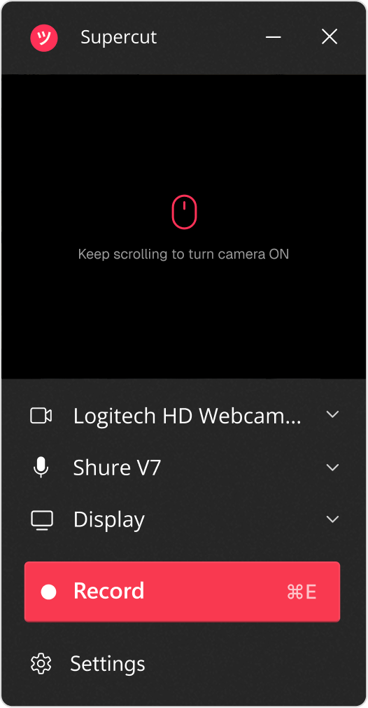 Expanded original Supercut desktop recording application interface